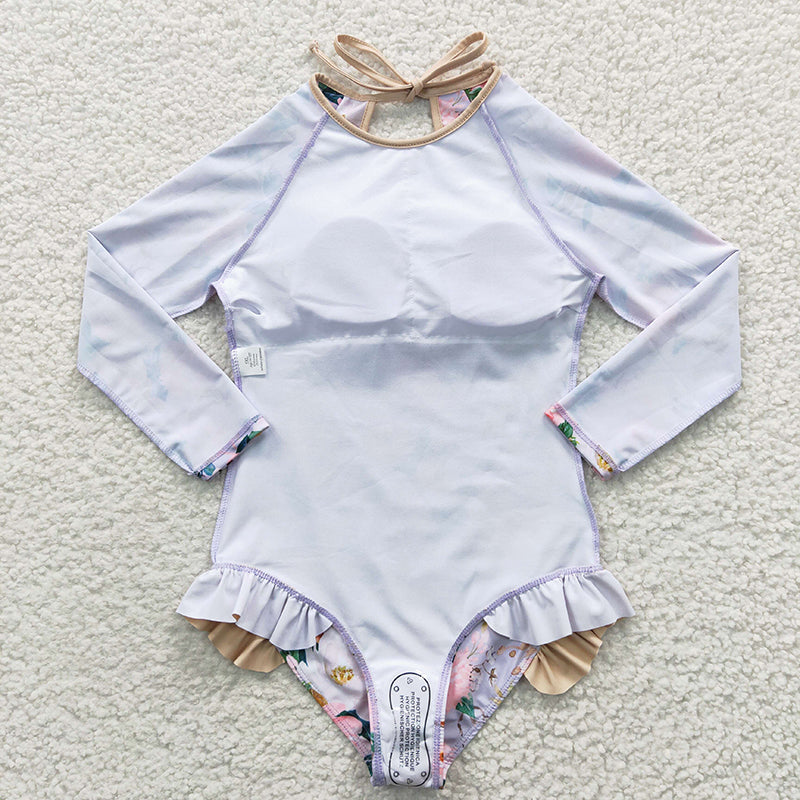 S0085 Baby Girl Floral Long Sleeves One Piece Swimsuit Outfit