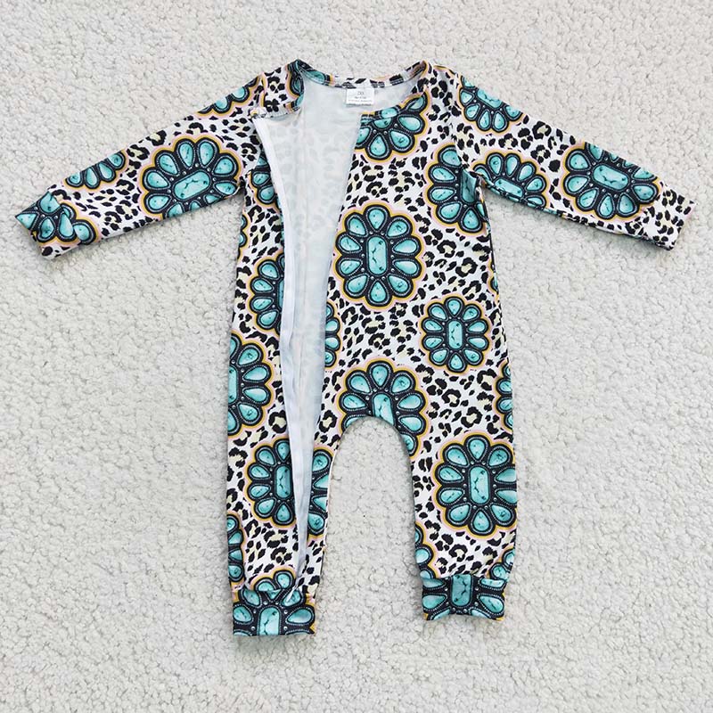 LR0254 Baby Girl Turquoise Leopard Romper