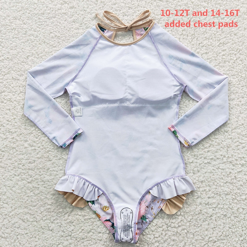 S0085 Baby Girl Floral Long Sleeves One Piece Swimsuit Outfit