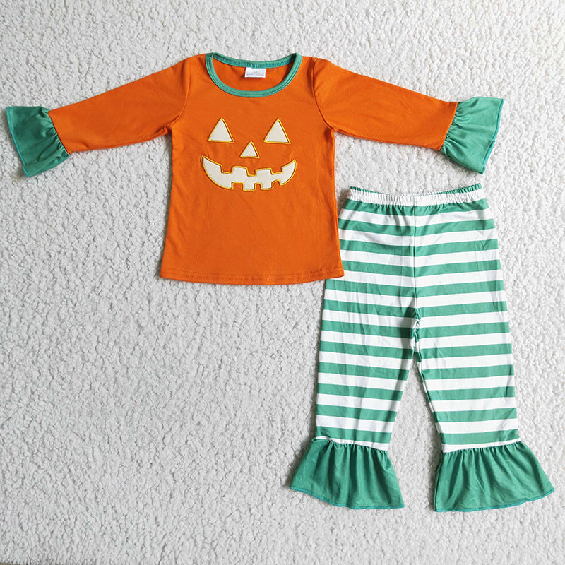 GLP0020 Baby Girls Embroidery Halloween Pumpkin Pajamas