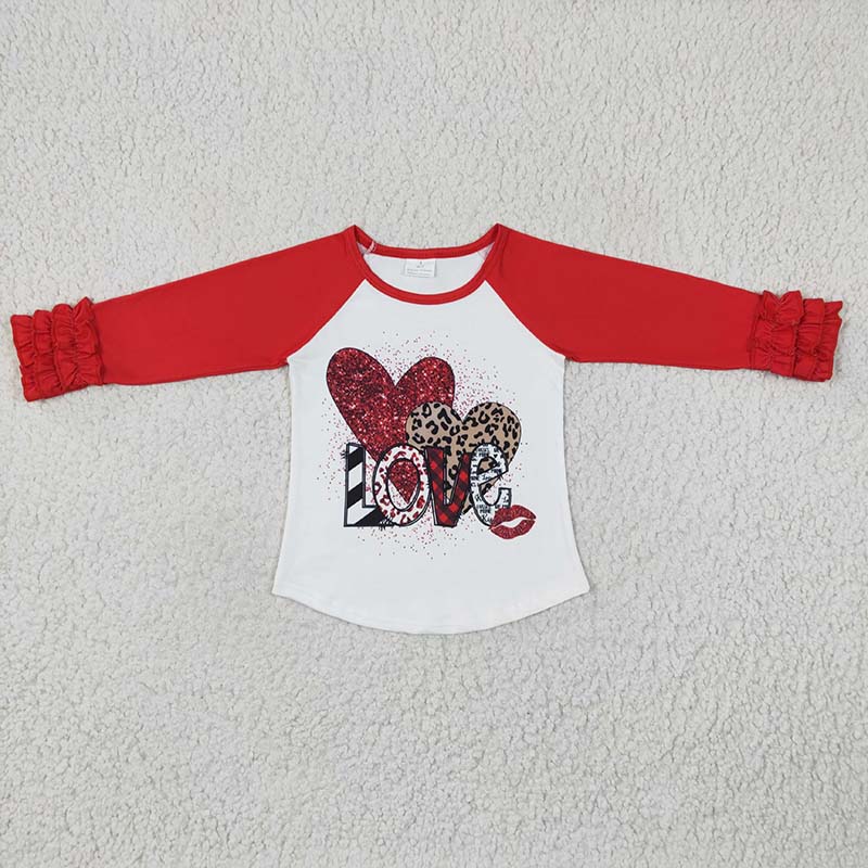 GT0072 Baby Kids Love Heart Red Ruffle Long Sleeves Valentine's Shirt