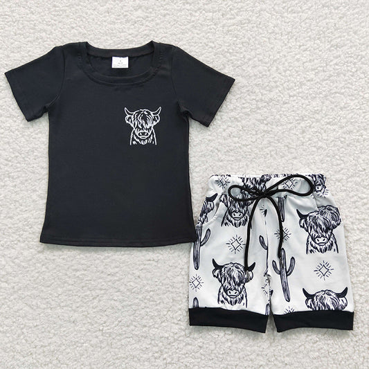 BSSO0209 Baby Boy Western Cow Cactus Shorts Summer Outfit