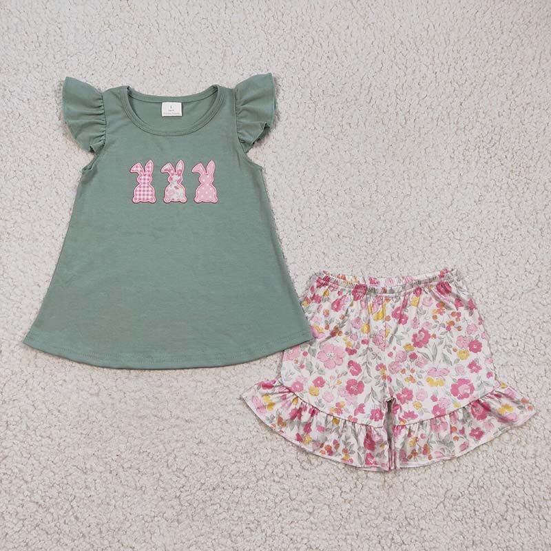 GSSO0160 Baby Boy Easter Embroidery Rabbit Bunny Floral Shorts Summer Outfit