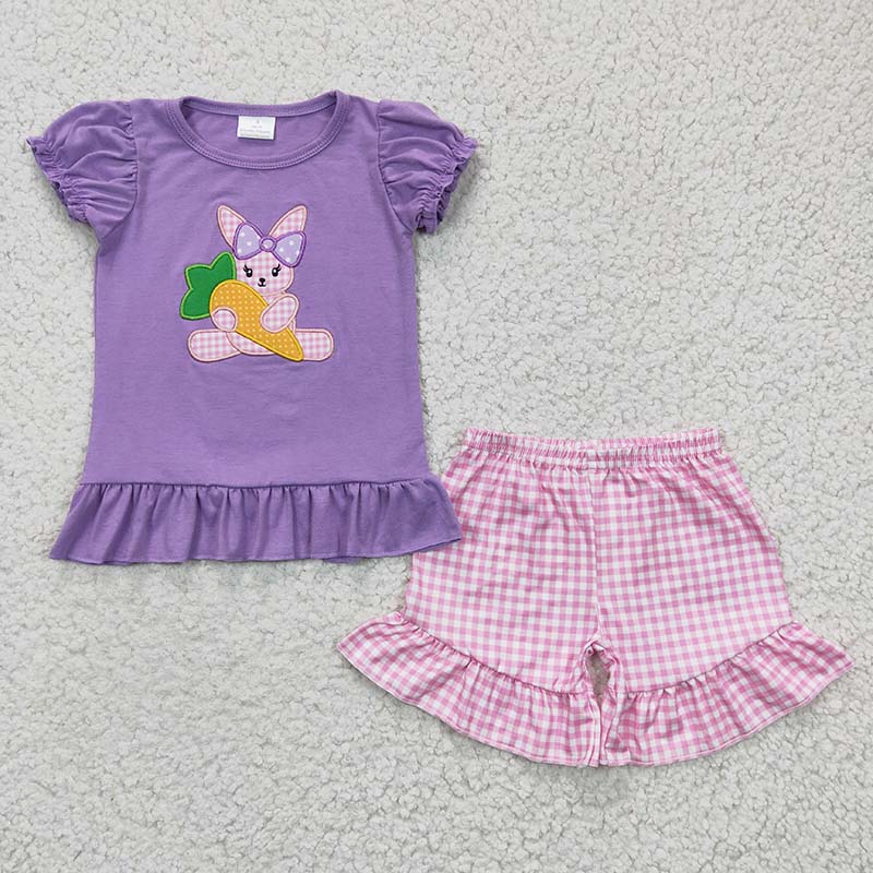 GSSO0126 Baby Girl Easter Embroidery Rabbit Bunny Carrot Shorts Summer Outfit