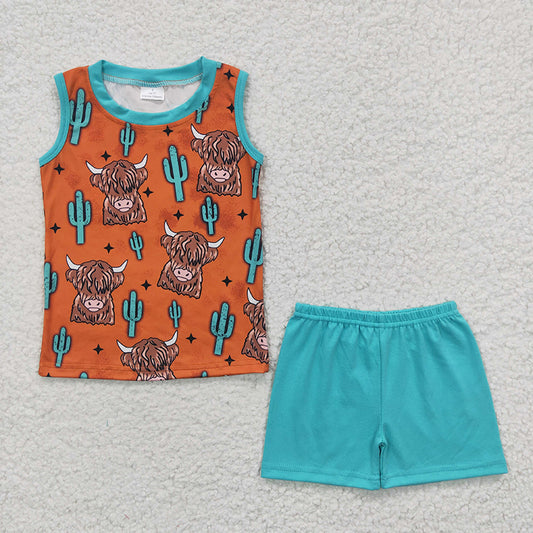 BSSO0211 Baby Boy Western Cow Cactus Sleevesless Shorts Shorts Summer Outfit