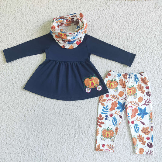 GLP0051 Embroidery Fall Kids Girl Pumpkin Outfit + Scarf