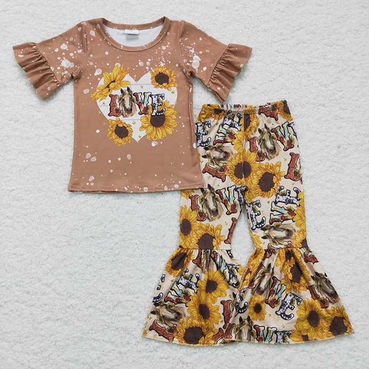 GSPO0277 Baby Girl Short Sleeves Western Love Horse Sunflower Bell Pants Outfit