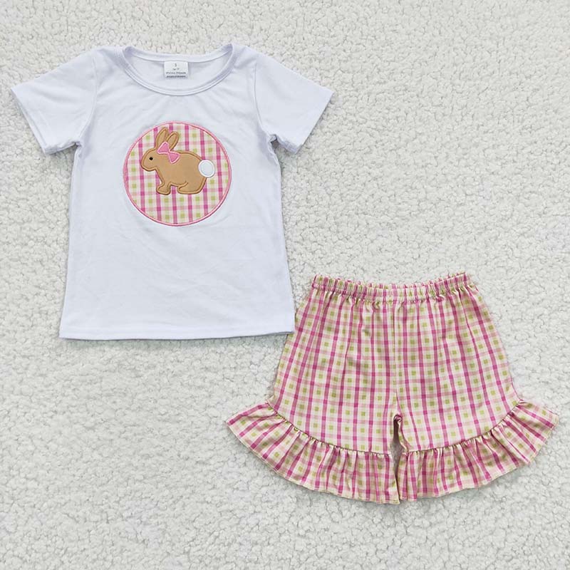 BSSO0130 Baby Boy Easter Embroidery Rabbit Bunny Short Sleeves Shirt Plaid Shorts Summer Outfit