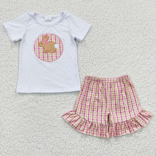 GSSO0158 Baby Girl Easter Embroidery Rabbit Bunny Short Sleeves Shirt Plaid Shorts Summer Outfit