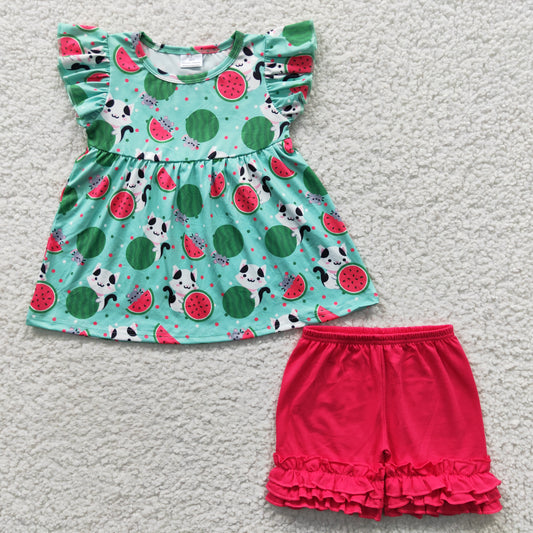 C9-5 Baby Girl Watermelon Short Sleeves Shirt Red Ruffle Cotton Shirt Summer Outfit