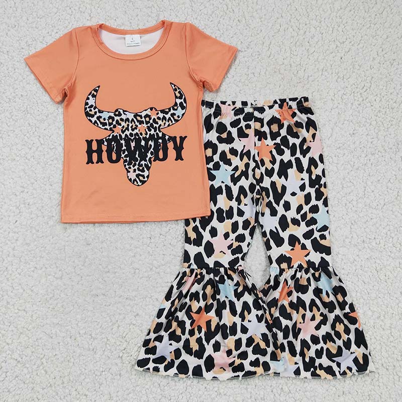 GSPO0305 Baby Girl Howdy Western Cow Leopard Star Bell Pants Set