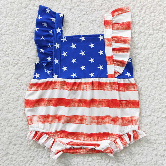 SR0326 Baby Girl July 4th Star Striped Summer Romper