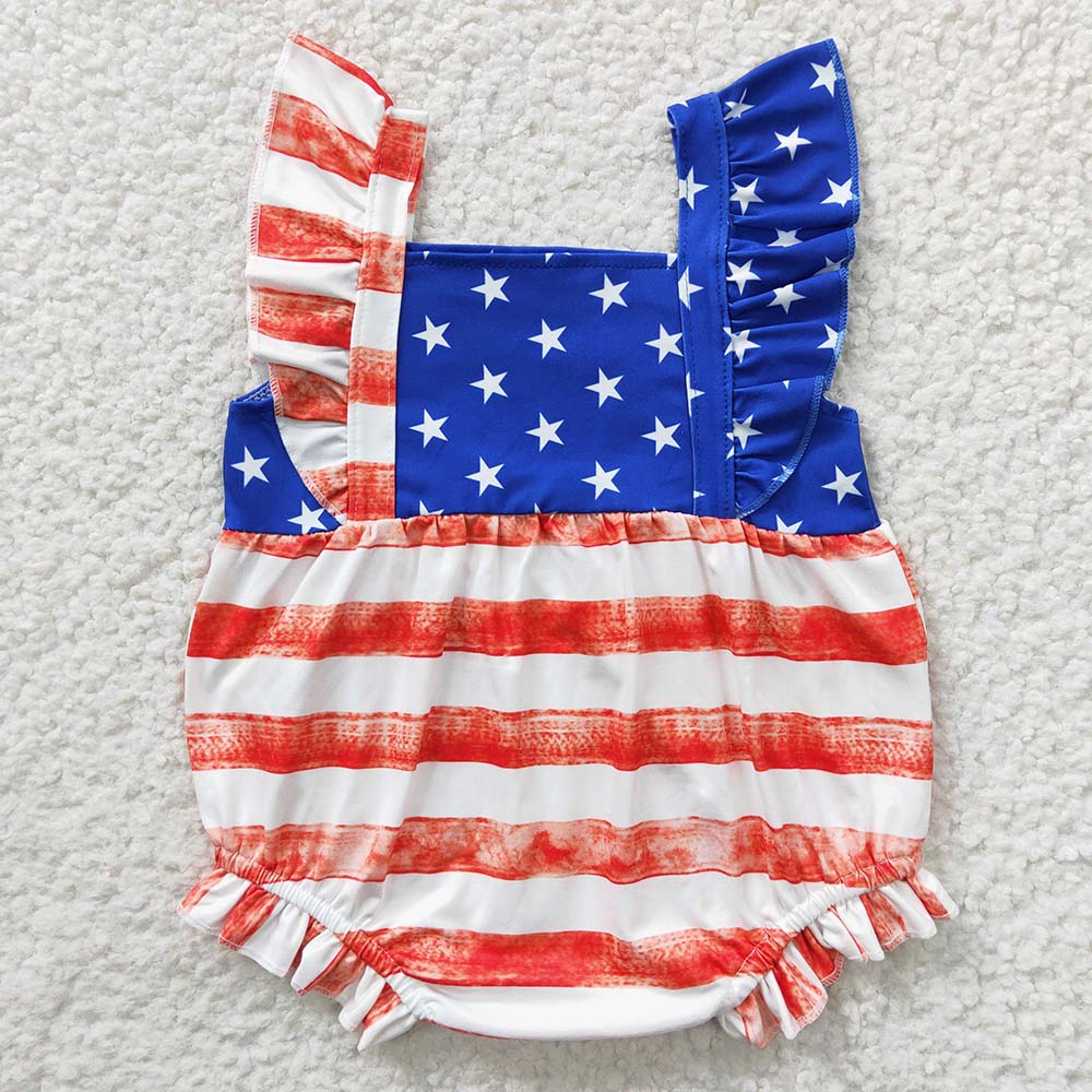 SR0326 Baby Girl July 4th Star Striped Summer Romper