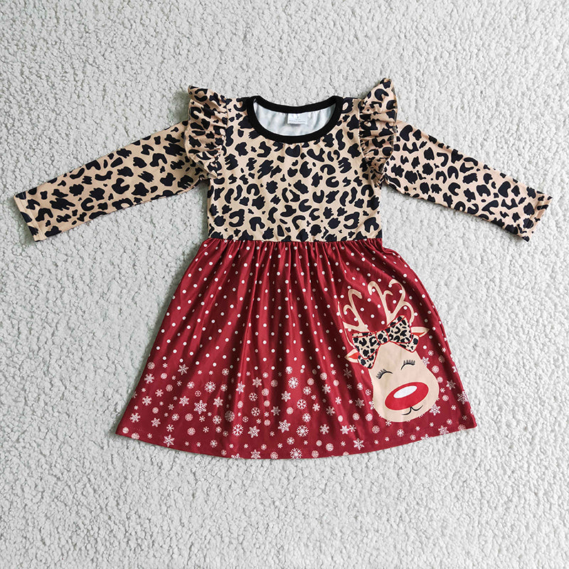 6 A29-12 Baby Girl Leopard Reindeer Christmas Dress