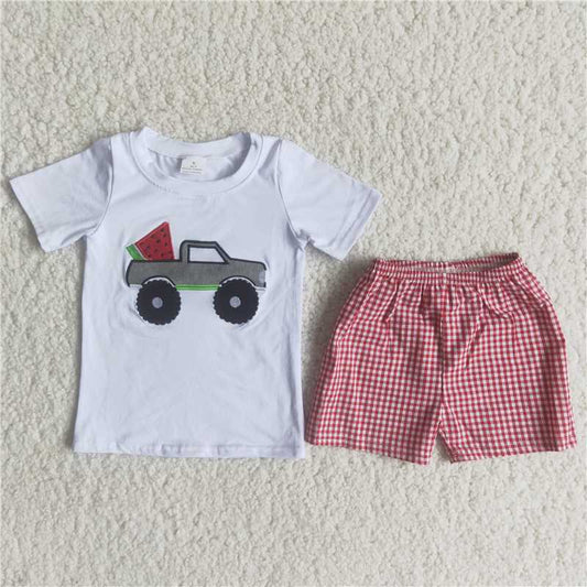 Baby Boy Summer Embroidery Watermelon Car Plaid Shorts Outfit