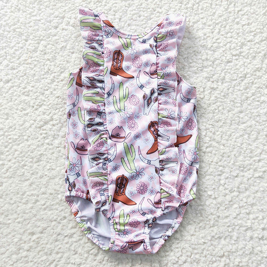 S0111 Baby Girl Western Cow Cactus Floral Summer One Piece Pink Swimsuit