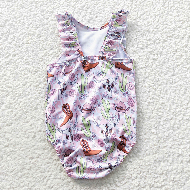 S0111 Baby Girl Western Cow Cactus Floral Summer One Piece Pink Swimsuit