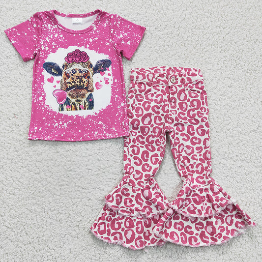 Baby Girl Western Cow Heart Pink Leopard Bell Pants Valentine's Outfit