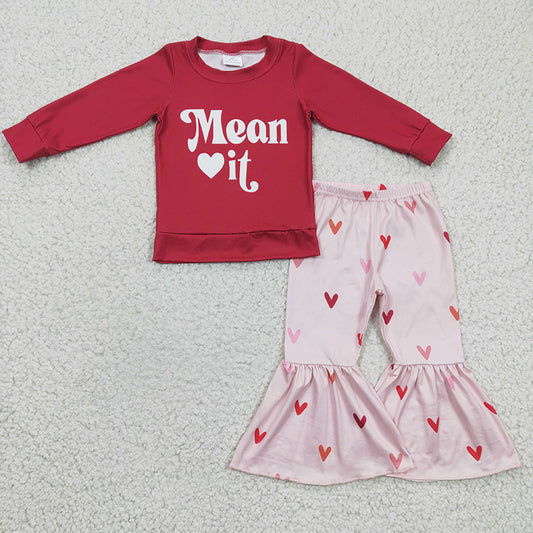 GLP0396 Baby Girl Mean It Valentine's Heart Kids Bell Pants Outfit