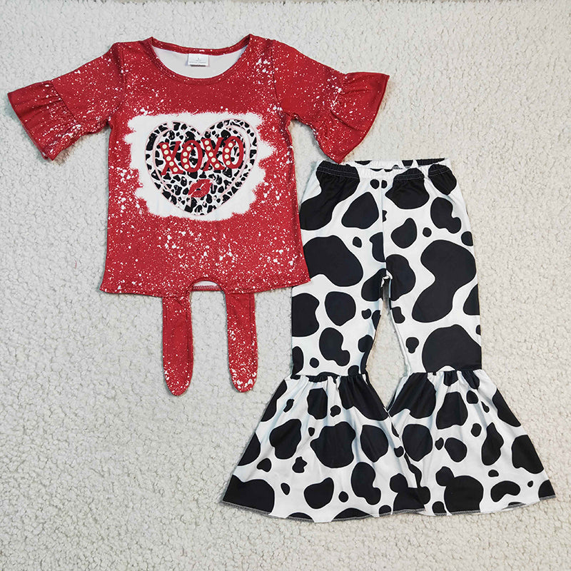 Baby Girl Red Heart Cow Print Bell Pants Valentine's Day Outfit