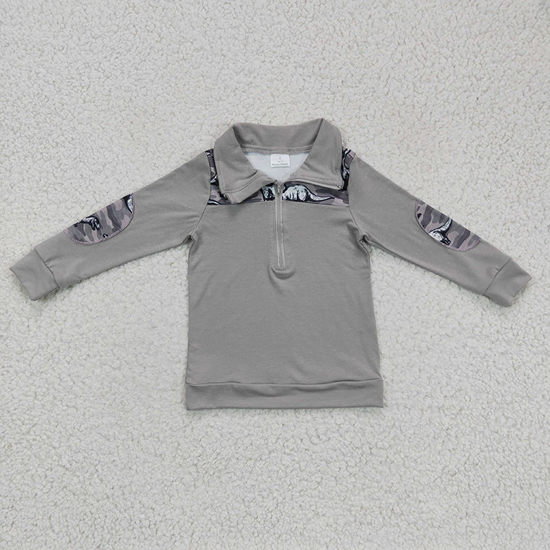 BT0106 Baby Boy Dino Camo Grey Long Sleeves Zipper Pullover Shirt