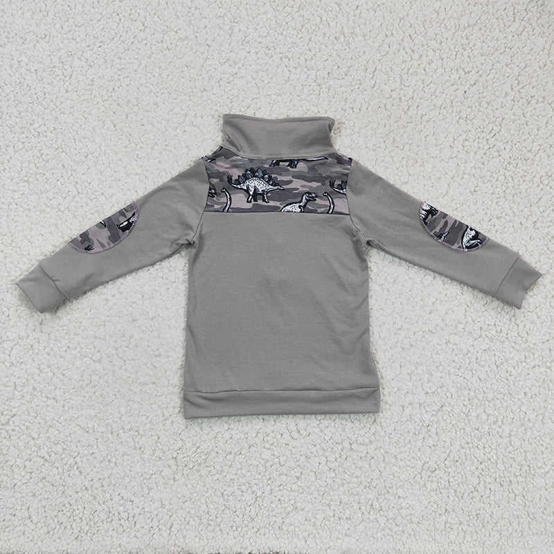 BT0106 Baby Boy Dino Camo Grey Long Sleeves Zipper Pullover Shirt