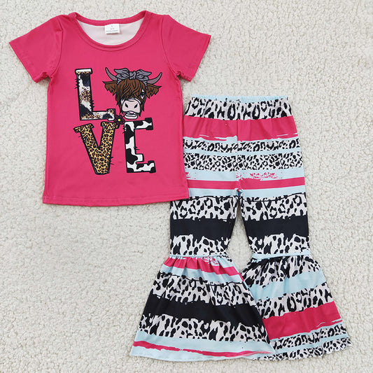 GSPO0371 Baby Girl Love Cow Short Sleeves Shirt Bell Pants Western Outfit