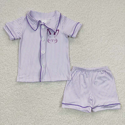 BSSO0105 Baby Girl Easter Rabbit Bunny Short Sleeves Pocket Button Up Striped Shorts Pajamas Outfit