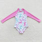 S0076 Baby Girl Dinosaur Pink One Piece Long Sleeves Swimsuit