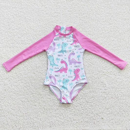 S0076 Baby Girl Dinosaur Pink One Piece Long Sleeves Swimsuit