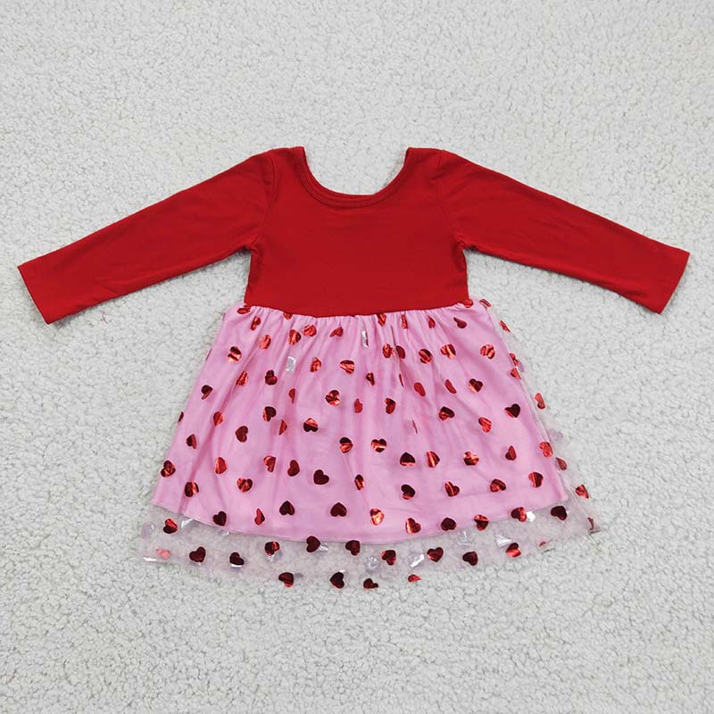 GLD0171 Baby Girl Red Long Sleeves Heart Tulle Valentine's Dress