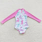S0076 Baby Girl Dinosaur Pink One Piece Long Sleeves Swimsuit