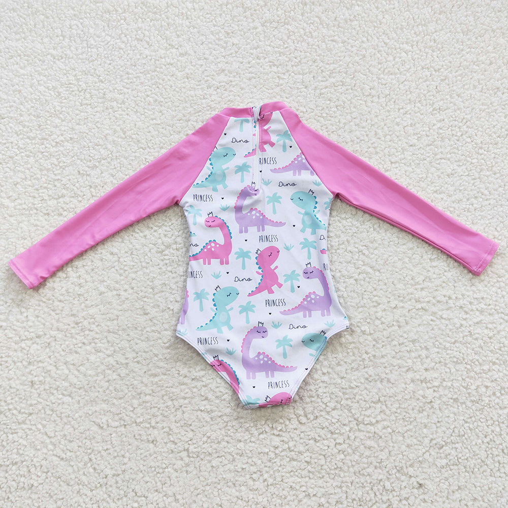 S0076 Baby Girl Dinosaur Pink One Piece Long Sleeves Swimsuit