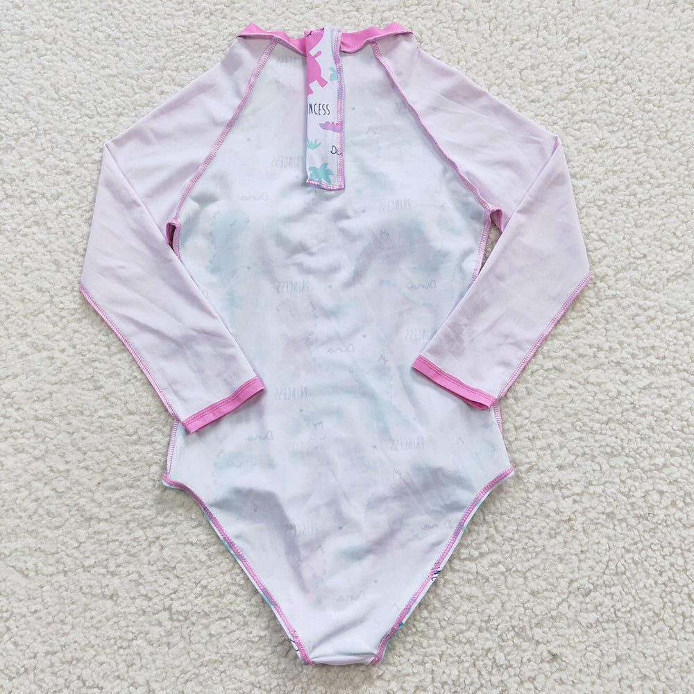 S0076 Baby Girl Dinosaur Pink One Piece Long Sleeves Swimsuit