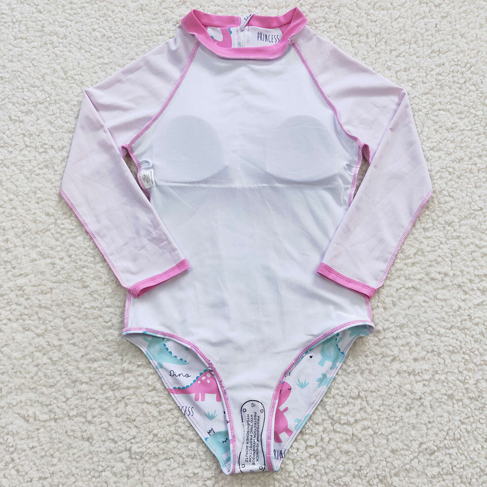 S0076 Baby Girl Dinosaur Pink One Piece Long Sleeves Swimsuit