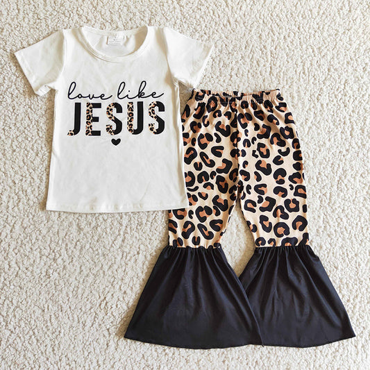 GSPO0243 Baby Girl Love like jesus leopard Bell Pants Outfit