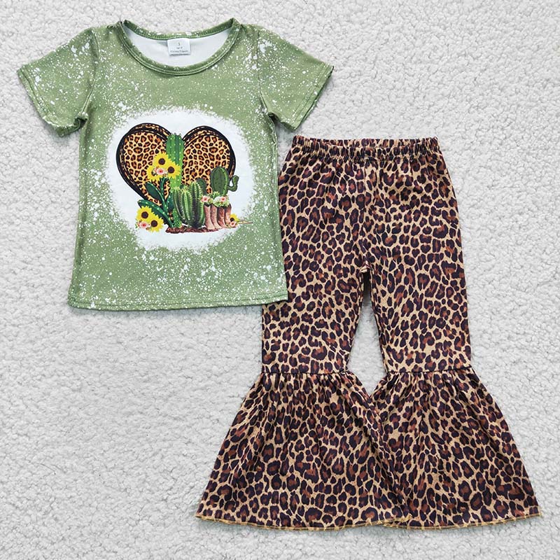 GSPO0323 Baby Girl Western Heart Cactus Leopard Bell Pants Valentine's Outfit