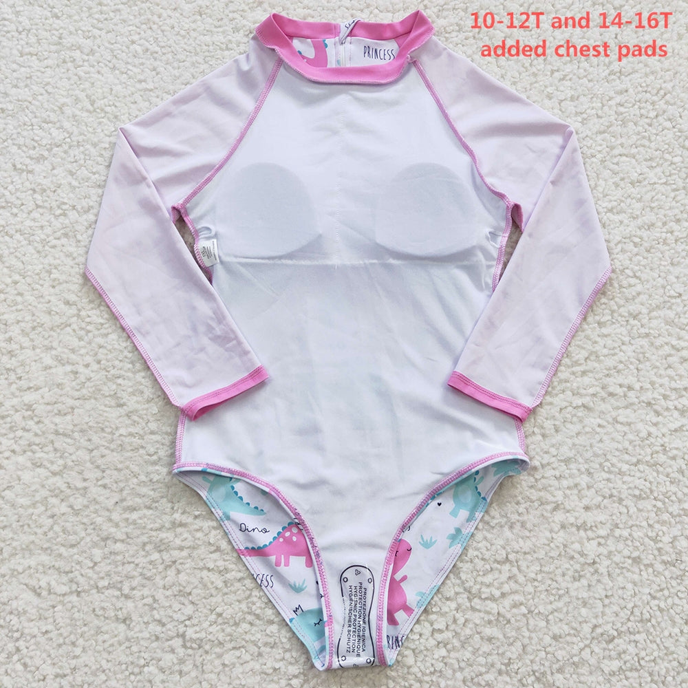 S0076 Baby Girl Dinosaur Pink One Piece Long Sleeves Swimsuit