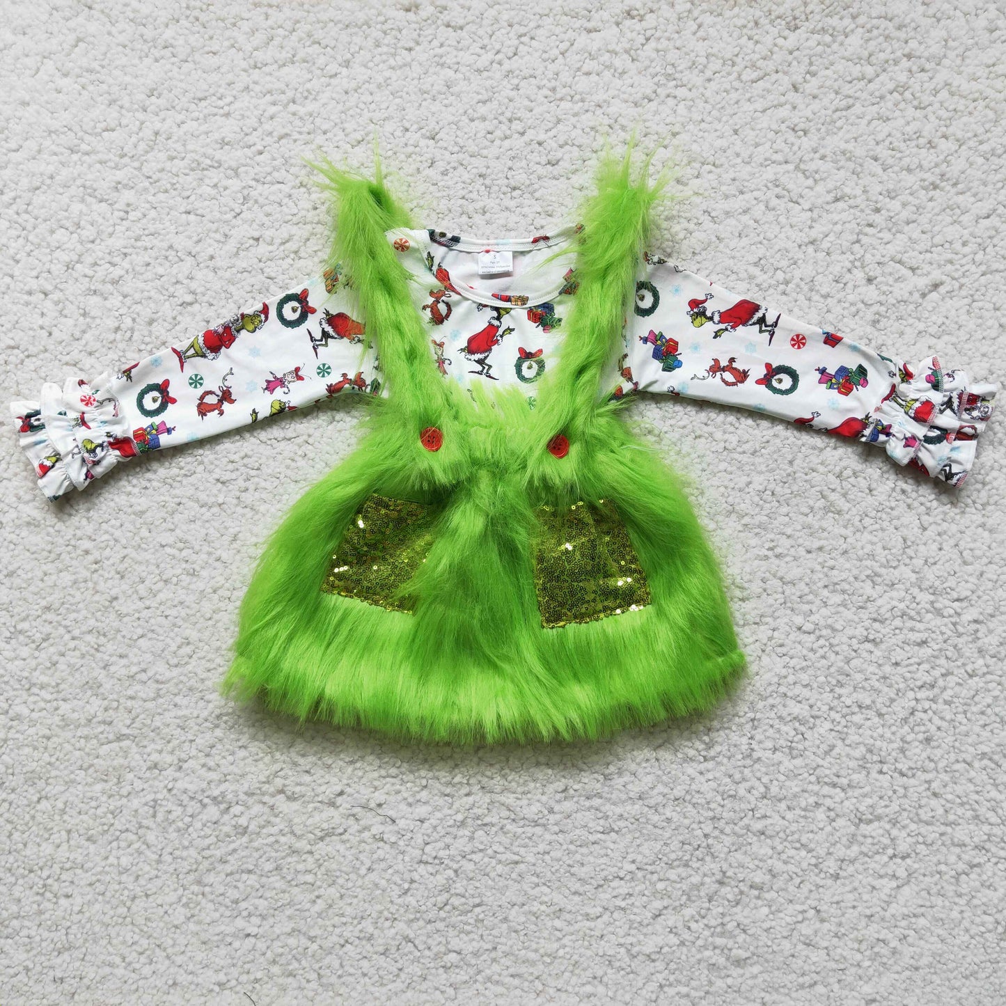 6 C11-39 Baby Girl Cartoon Green Fur Christmas Skirt Outfit