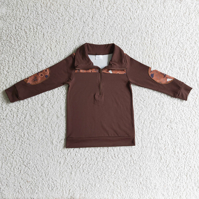 BT0111 Baby Boy Cow Brown Western Zipper Pullover Shirt