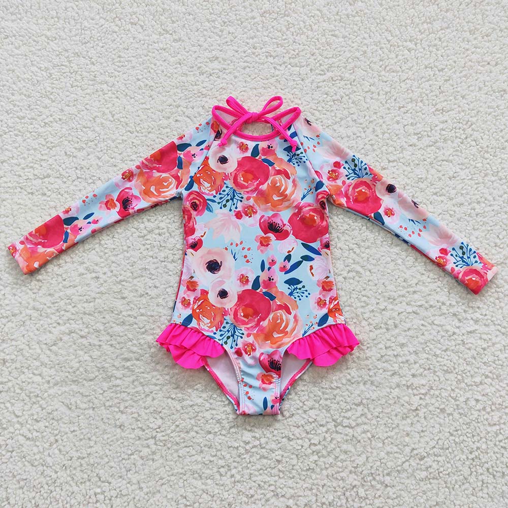 S0083 Baby Girl Floral Long Sleeves One Piece Swimsuit Outfit