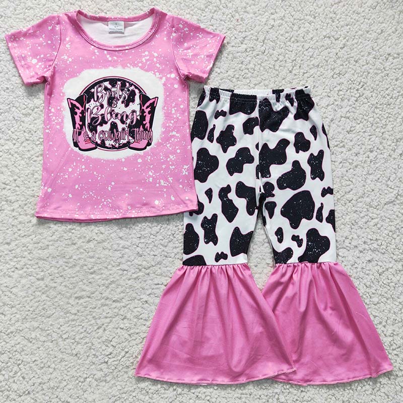 GSPO0325 Baby Girl Boots Pink Western Bell Pants Outfit