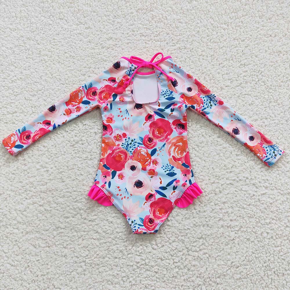 S0083 Baby Girl Floral Long Sleeves One Piece Swimsuit Outfit