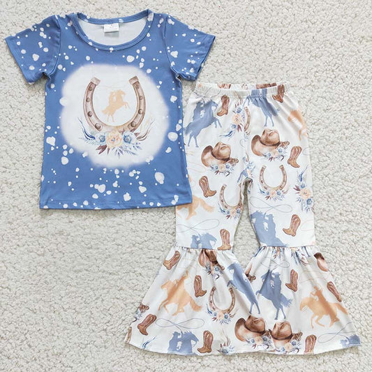 GSPO0410 Baby Girl Horse Western Blue Bell Pants Outfit