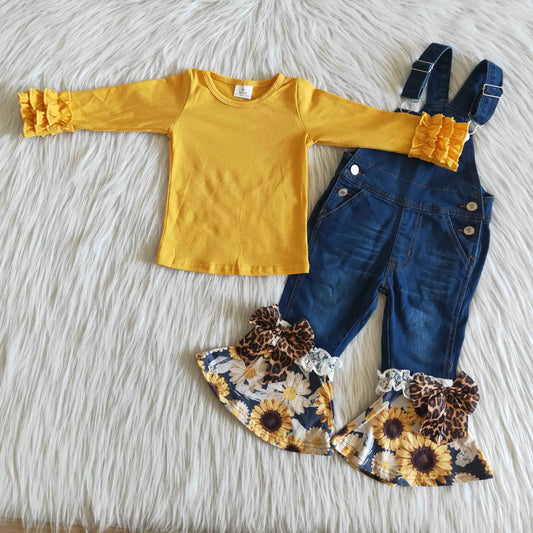 Baby Girl Mustard cotton shirt sunflower deninm overalls fall outfits