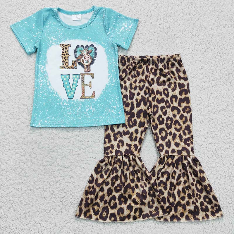 GSPO0330 Baby Girl Love Western Cow Leopard Bell Pants Outfit