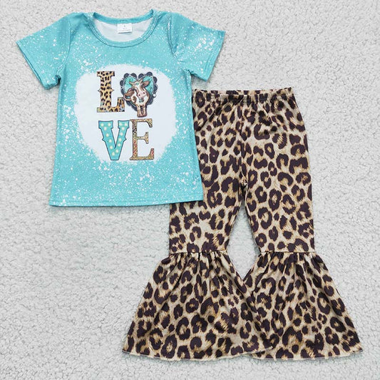 GSPO0330 Baby Girl Love Western Cow Leopard Bell Pants Outfit
