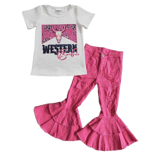 Baby Girl Western Cow Short Sleeves Shirt Pink Denim Pants Outfit