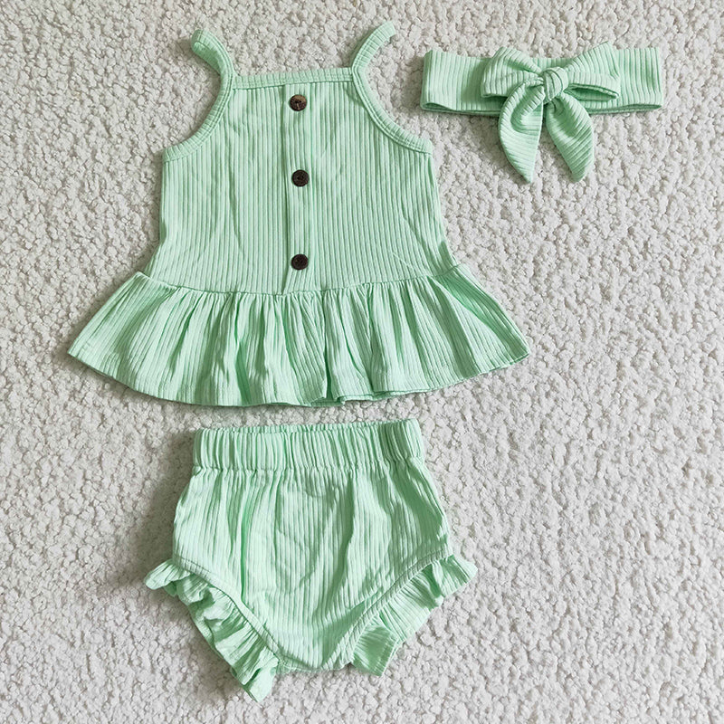 GBO0056 Baby Girl Green Cotton + Headband Bummies Outfit