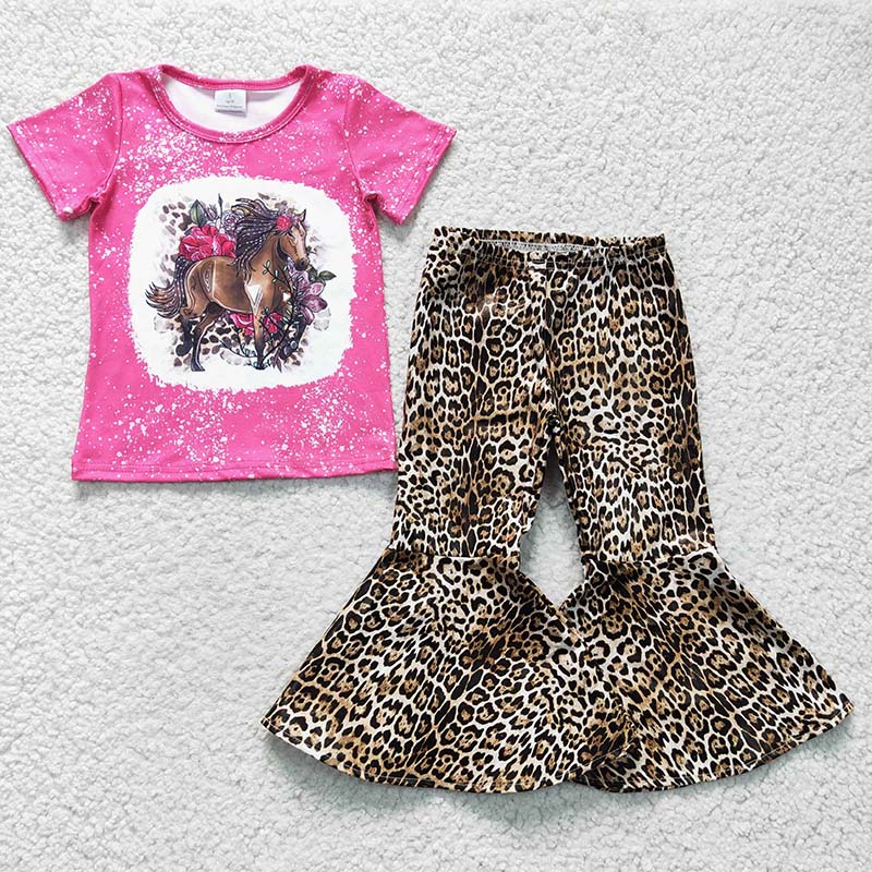 Baby Girl Horse Leopard Leather Bell Bottom Pants Outfit